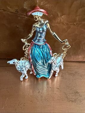 Blue and Pink Shepherdess Brooch Pin with Dogs Vintage Inspired Jewelry New NWOT